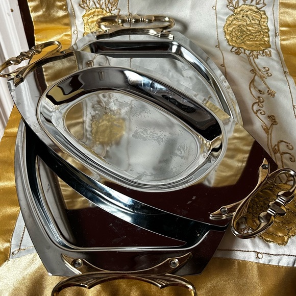 Vintage Kromex 14.5" and 17”” Chrome Serving Trays with Goldtone handles - Picture 5 of 6